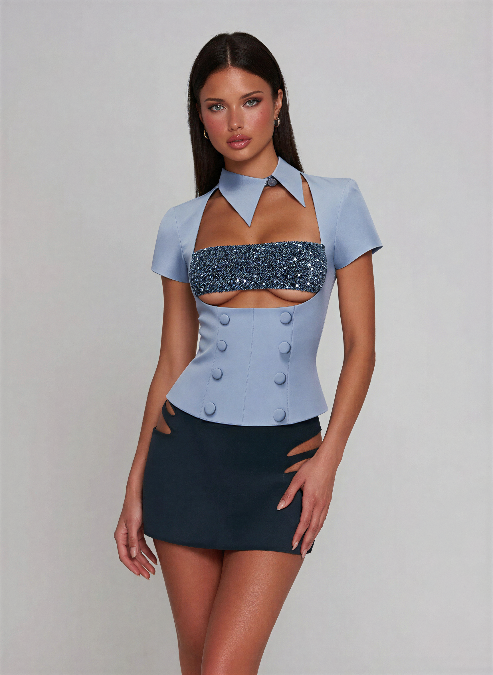 Luna Top - Sequin Red Grey - Front View