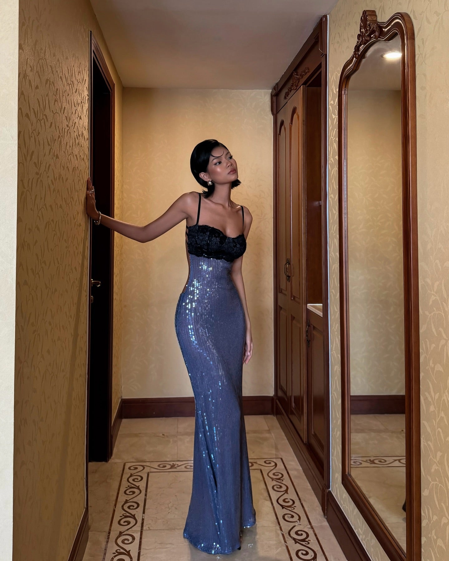 Blue Sequin Open-Back Gown